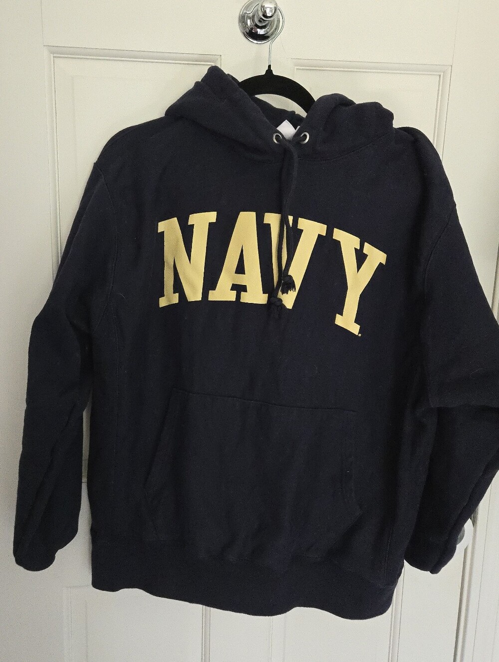 Champion NAVY Graphic Hoodie Sweatshirt - Men's L Navy Blue with Gold Lettering